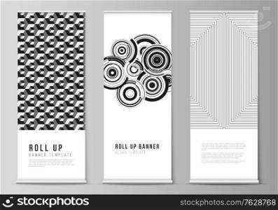 The vector illustration layout of roll up banner stands, vertical flyers, flags design business templates. Trendy geometric abstract background in minimalistic flat style with dynamic composition. The vector illustration layout of roll up banner stands, vertical flyers, flags design business templates. Trendy geometric abstract background in minimalistic flat style with dynamic composition.