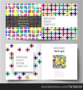 The vector illustration layout of two covers templates for square design bifold brochure, magazine, flyer, booklet. Abstract background, geometric mosaic pattern with bright circles, geometric shapes.. The vector illustration layout of two covers templates for square design bifold brochure, magazine, flyer, booklet. Abstract background, geometric mosaic pattern with bright circles, geometric shapes