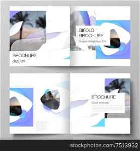 The vector illustration layout of two covers templates for square design bifold brochure, magazine, flyer, booklet. Blue color gradient abstract dynamic shapes, colorful geometric template design. The vector illustration layout of two covers templates for square design bifold brochure, magazine, flyer, booklet. Blue color gradient abstract dynamic shapes, colorful geometric template design.