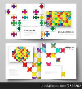 The vector illustration layout of two covers templates for square design bifold brochure, magazine, flyer, booklet. Abstract background, geometric mosaic pattern with bright circles, geometric shapes.. The vector illustration layout of two covers templates for square design bifold brochure, magazine, flyer, booklet. Abstract background, geometric mosaic pattern with bright circles, geometric shapes