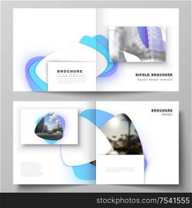 The vector illustration layout of two covers templates for square design bifold brochure, magazine, flyer, booklet. Blue color gradient abstract dynamic shapes, colorful geometric template design. The vector illustration layout of two covers templates for square design bifold brochure, magazine, flyer, booklet. Blue color gradient abstract dynamic shapes, colorful geometric template design.