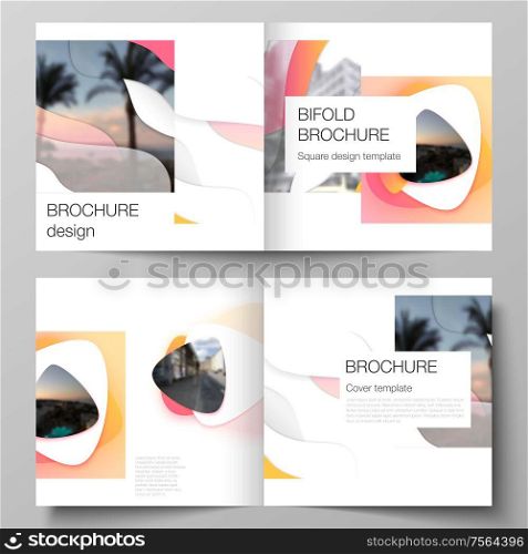 The vector illustration layout of two covers templates for square design bifold brochure, magazine, flyer, booklet. Yellow color gradient abstract dynamic shapes, colorful geometric template design. The vector illustration layout of two covers templates for square design bifold brochure, magazine, flyer, booklet. Yellow color gradient abstract dynamic shapes, colorful geometric template design.