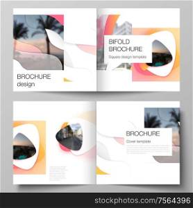 The vector illustration layout of two covers templates for square design bifold brochure, magazine, flyer, booklet. Yellow color gradient abstract dynamic shapes, colorful geometric template design. The vector illustration layout of two covers templates for square design bifold brochure, magazine, flyer, booklet. Yellow color gradient abstract dynamic shapes, colorful geometric template design.