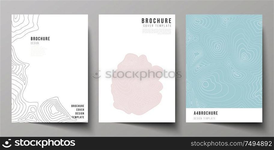 The vector illustration of editable layout of A4 format cover mockups design templates for brochure, magazine, flyer, booklet, annual report. Topographic contour map, abstract monochrome background. The vector illustration of editable layout of A4 format cover mockups design templates for brochure, magazine, flyer, booklet, annual report. Topographic contour map, abstract monochrome background.