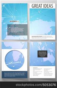 The vector illustration of editable layout of four A4 format covers with the circle design templates for brochure, magazine, flyer. World map on blue, geometric technology design, polygonal texture.. The vector illustration of the editable layout of four A4 format covers with the circle design templates for brochure, magazine, flyer. World map on blue, geometric technology design, polygonal texture.