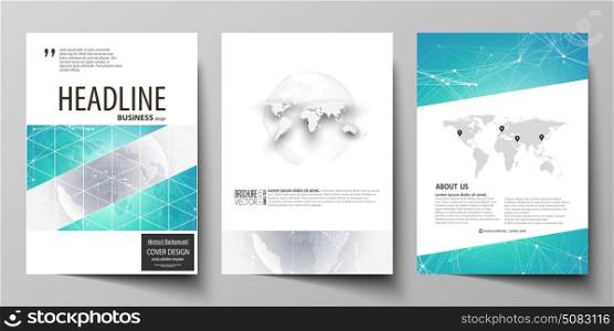 The vector illustration of editable layout of three A4 format modern covers design templates for brochure, magazine, flyer, booklet. Chemistry pattern. Molecule structure. Medical, science background.. The vector illustration of the editable layout of three A4 format modern covers design templates for brochure, magazine, flyer, booklet. Chemistry pattern. Molecule structure. Medical, science background.