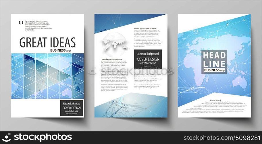 The vector illustration of editable layout of three A4 format modern covers design templates for brochure, magazine, flyer, booklet. World map on blue, geometric technology design, polygonal texture.. The vector illustration of the editable layout of three A4 format modern covers design templates for brochure, magazine, flyer, booklet. World map on blue, geometric technology design, polygonal texture.