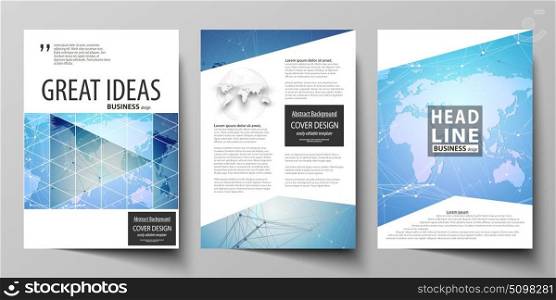 The vector illustration of editable layout of three A4 format modern covers design templates for brochure, magazine, flyer, booklet. World map on blue, geometric technology design, polygonal texture.. The vector illustration of the editable layout of three A4 format modern covers design templates for brochure, magazine, flyer, booklet. World map on blue, geometric technology design, polygonal texture.