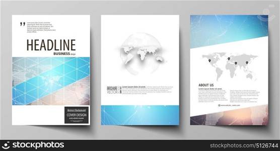 The vector illustration of editable layout of three A4 format modern covers design templates for brochure, magazine, flyer, booklet. Molecule structure. Science, technology concept. Polygonal design.. The vector illustration of the editable layout of three A4 format modern covers design templates for brochure, magazine, flyer, booklet. Molecule structure. Science, technology concept. Polygonal design.