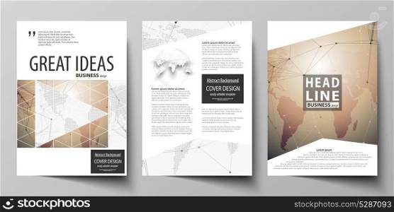The vector illustration of editable layout of three A4 format modern covers design templates for brochure, magazine, flyer, booklet. Global network connections, technology background with world map.. The vector illustration of editable layout of three A4 format modern covers design templates for brochure, magazine, flyer, booklet. Global network connections, technology background with world map