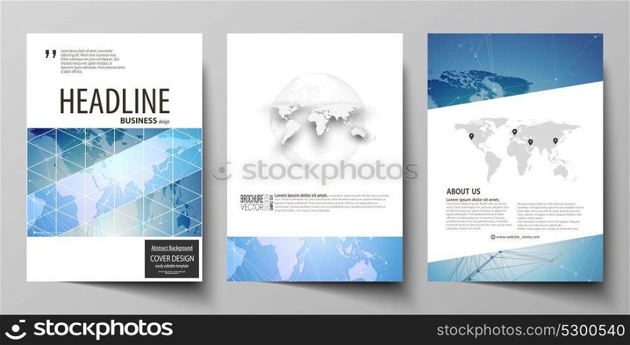 The vector illustration of editable layout of three A4 format modern covers design templates for brochure, magazine, flyer, booklet. World map on blue, geometric technology design, polygonal texture.. The vector illustration of editable layout of three A4 format modern covers design templates for brochure, magazine, flyer, booklet. World map on blue, geometric technology design, polygonal texture