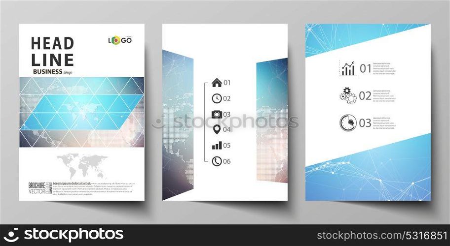 The vector illustration of editable layout of three A4 format modern covers design templates for brochure, magazine, flyer, booklet. Molecule structure. Science, technology concept. Polygonal design.. The vector illustration of the editable layout of three A4 format modern covers design templates for brochure, magazine, flyer, booklet. Molecule structure. Science, technology concept. Polygonal design.