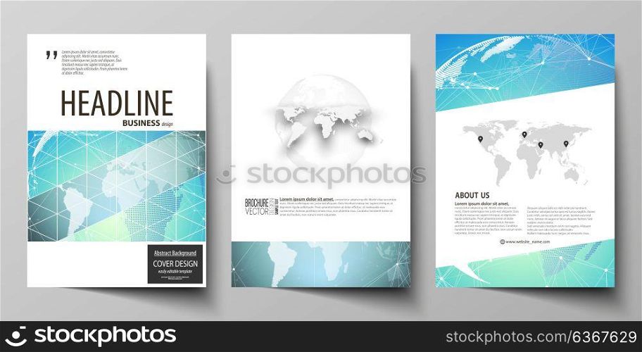 The vector illustration of editable layout of three A4 format modern covers design templates for brochure, magazine, flyer, booklet. Chemistry pattern, molecule structure, geometric design background.. The vector illustration of the editable layout of three A4 format modern covers design templates for brochure, magazine, flyer, booklet. Chemistry pattern, molecule structure, geometric design background.