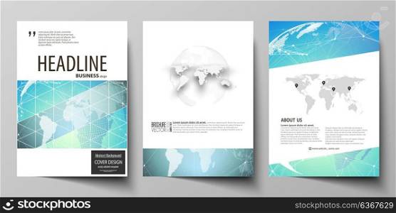 The vector illustration of editable layout of three A4 format modern covers design templates for brochure, magazine, flyer, booklet. Chemistry pattern, molecule structure, geometric design background.. The vector illustration of the editable layout of three A4 format modern covers design templates for brochure, magazine, flyer, booklet. Chemistry pattern, molecule structure, geometric design background.