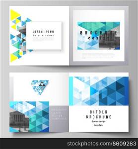 The vector illustration of editable layout of two covers templates for square design bifold brochure, magazine, flyer, booklet. Blue color polygonal background with triangles, colorful mosaic pattern. The vector illustration of editable layout of two covers templates for square design bifold brochure, magazine, flyer, booklet. Blue color polygonal background with triangles, colorful mosaic pattern.