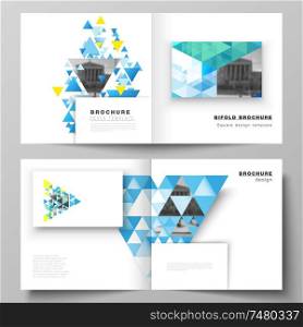 The vector illustration of editable layout of two covers templates for square design bifold brochure, magazine, flyer, booklet. Blue color polygonal background with triangles, colorful mosaic pattern. The vector illustration of editable layout of two covers templates for square design bifold brochure, magazine, flyer, booklet. Blue color polygonal background with triangles, colorful mosaic pattern.