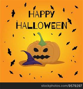 The vector illustration of Happy Halloween can be used as a banner or a greeting card. Pumpkin, bats, and a witchs hat on an orange background. The vector illustration of Happy Halloween can be used as a banner or a greeting card. Pumpkin, bats, and a witch hat on an orange background.