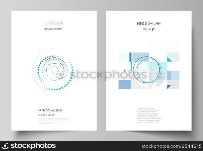 The vector illustration of the editable layout of A4 format cover mockups design templates with geometric background made from dots, circles, rectangles for brochure, magazine, flyer, booklet, report.. The vector illustration of the editable layout of A4 format modern cover mockups design templates for brochure, magazine, flyer, booklet, annual report.