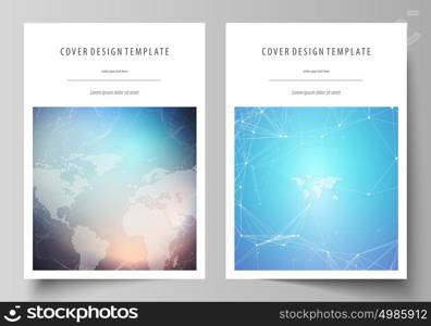 The vector illustration of the editable layout of A4 format covers design templates for brochure, magazine, flyer, booklet, report. Molecule structure. Science, technology concept. Polygonal design.. The vector illustration of the editable layout of A4 format covers design templates for brochure, magazine, flyer, booklet, report. Molecule structure. Science, technology concept. Polygonal design