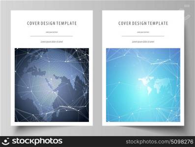 The vector illustration of the editable layout of A4 format covers design templates for brochure, magazine, flyer, booklet, report. Abstract global design. Chemistry pattern, molecule structure.. The vector illustration of the editable layout of A4 format covers design templates for brochure, magazine, flyer, booklet, report. Abstract global design. Chemistry pattern, molecule structure