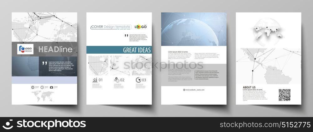 The vector illustration of the editable layout of A4 format covers design templates for brochure, magazine, flyer, booklet, report. World globe on blue. Global network connections, lines and dots.. The vector illustration of the editable layout of A4 format covers design templates for brochure, magazine, flyer, booklet, report. World globe on blue. Global network connections, lines and dots