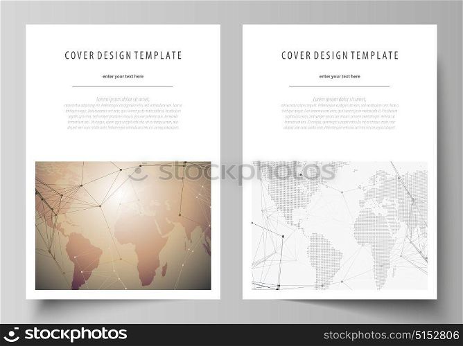 The vector illustration of the editable layout of A4 format covers design templates for brochure, magazine, flyer, booklet, report. Global network connections, technology background with world map.. The vector illustration of the editable layout of A4 format covers design templates for brochure, magazine, flyer, booklet, report. Global network connections, technology background with world map