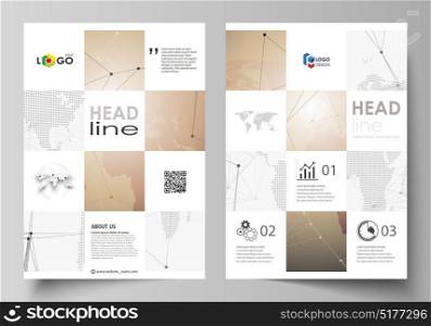 The vector illustration of the editable layout of A4 format covers design templates for brochure, magazine, flyer, booklet, report. Global network connections, technology background with world map.. The vector illustration of the editable layout of A4 format covers design templates for brochure, magazine, flyer, booklet, report. Global network connections, technology background with world map