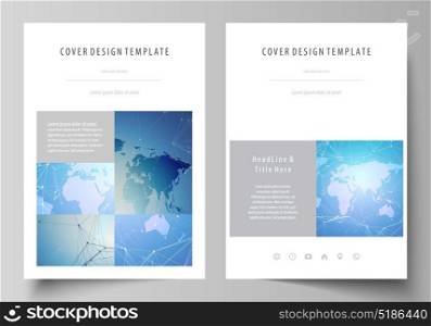The vector illustration of the editable layout of A4 format covers design templates for brochure, magazine, flyer, booklet, report. World map on blue, geometric technology design, polygonal texture.. The vector illustration of the editable layout of A4 format covers design templates for brochure, magazine, flyer, booklet, report. World map on blue, geometric technology design, polygonal texture