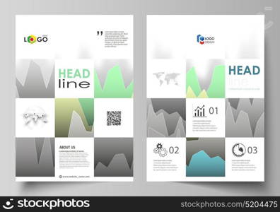 The vector illustration of the editable layout of A4 format covers design templates for brochure, magazine, flyer, booklet, report. Rows of colored diagram with peaks of different height.. The vector illustration of the editable layout of A4 format covers design templates for brochure, magazine, flyer, booklet, report. Rows of colored diagram with peaks of different height