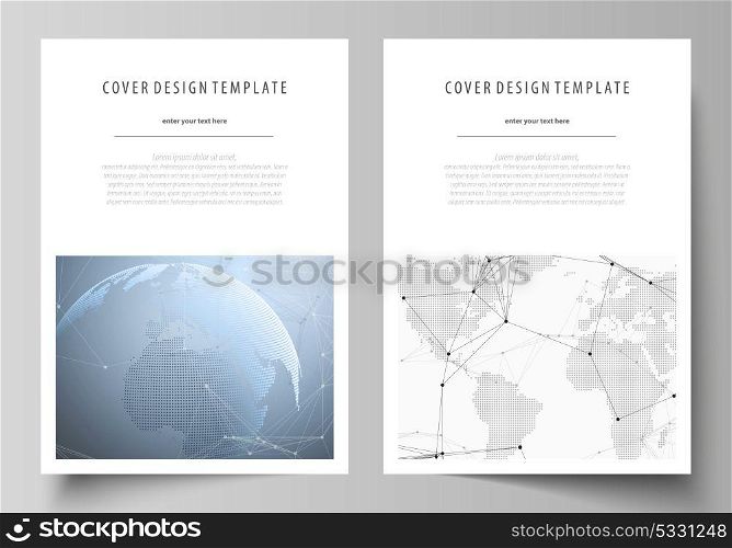 The vector illustration of the editable layout of A4 format covers design templates for brochure, magazine, flyer, booklet, report. World globe on blue. Global network connections, lines and dots.. The vector illustration of the editable layout of A4 format covers design templates for brochure, magazine, flyer, booklet, report. World globe on blue. Global network connections, lines and dots