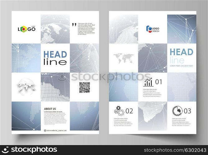 The vector illustration of the editable layout of A4 format covers design templates for brochure, magazine, flyer, booklet, report. Abstract futuristic network shapes. High tech background.. The vector illustration of the editable layout of A4 format covers design templates for brochure, magazine, flyer, booklet, report. Abstract futuristic network shapes. High tech background