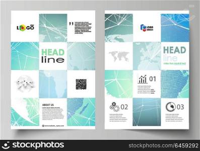 The vector illustration of the editable layout of A4 format covers design templates for brochure, magazine, flyer, booklet, report. Chemistry pattern, molecule structure, geometric design background.. The vector illustration of the editable layout of A4 format covers design templates for brochure, magazine, flyer, booklet, report. Chemistry pattern, molecule structure, geometric design background