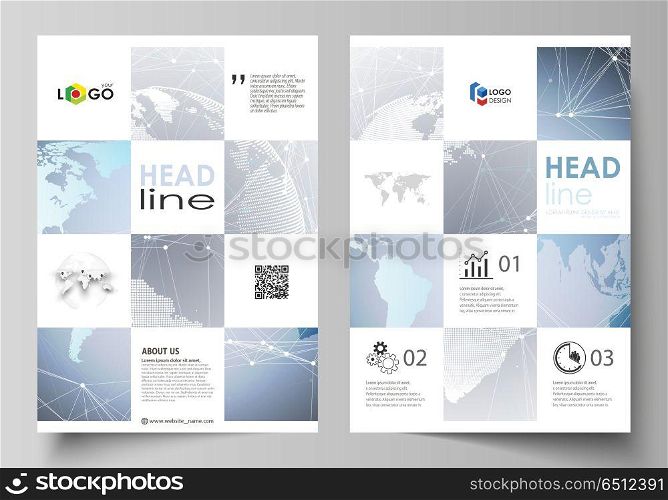 The vector illustration of the editable layout of A4 format covers design templates for brochure, magazine, flyer, booklet, report. Technology concept. Molecule structure, connecting background.. The vector illustration of the editable layout of A4 format covers design templates for brochure, magazine, flyer, booklet, report. Technology concept. Molecule structure, connecting background