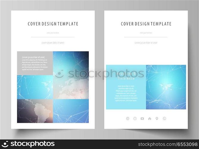 The vector illustration of the editable layout of A4 format covers design templates for brochure, magazine, flyer, booklet, report. Molecule structure. Science, technology concept. Polygonal design. The vector illustration of the editable layout of A4 format covers design templates for brochure, magazine, flyer, booklet, report. Molecule structure. Science, technology concept. Polygonal design.
