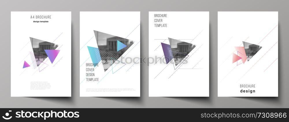 The vector illustration of the editable layout of A4 format modern cover mockups design templates for brochure, magazine, flyer, booklet, annual report. Colorful polygonal background with triangles with modern memphis pattern.. The vector layout of A4 format modern cover mockups design templates for brochure, magazine, flyer, booklet, annual report. Colorful polygonal background with triangles with modern memphis pattern.