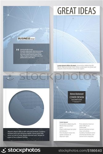 The vector illustration of the editable layout of four A4 format covers with the circle design templates for brochure, magazine, flyer. World globe on blue. Global network connections, lines and dots.. The vector illustration of the editable layout of four A4 format covers with the circle design templates for brochure, magazine, flyer. World globe on blue. Global network connections, lines and dots
