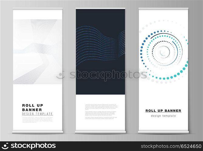 The vector illustration of the editable layout of roll up banner stands, vertical flyers, flags design business templates with simple geometric background made from dots, circles.. The vector illustration of the editable layout of roll up banner stands, vertical flyers, flags design business templates with simple geometric background made from dots, circles