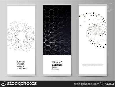The vector illustration of the editable layout of roll up banner stands, vertical flyers, flags design business templates. Technology, science, future concept abstract futuristic backgrounds. The vector illustration of the editable layout of roll up banner stands, vertical flyers, flags design business templates. Technology, science, future concept abstract futuristic backgrounds.