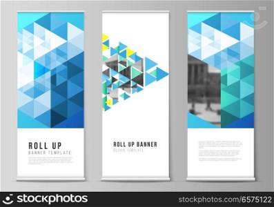 The vector illustration of the editable layout of roll up banner stands, vertical flyers, flags design business templates. Blue color polygonal background with triangles, colorful mosaic pattern. The vector illustration of the editable layout of roll up banner stands, vertical flyers, flags design business templates. Blue color polygonal background with triangles, colorful mosaic pattern.