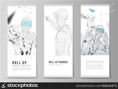 The vector illustration of the editable layout of roll up banner stands, vertical flyers, flags design business templates. Man with glasses of virtual reality. Abstract vr, future technology concept. The vector illustration of the editable layout of roll up banner stands, vertical flyers, flags design business templates. Man with glasses of virtual reality. Abstract vr, future technology concept.