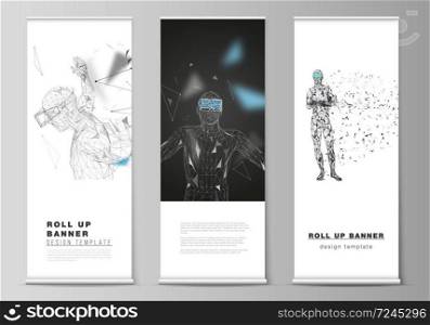 The vector illustration of the editable layout of roll up banner stands, vertical flyers, flags design business templates. Man with glasses of virtual reality. Abstract vr, future technology concept. The vector illustration of the editable layout of roll up banner stands, vertical flyers, flags design business templates. Man with glasses of virtual reality. Abstract vr, future technology concept.