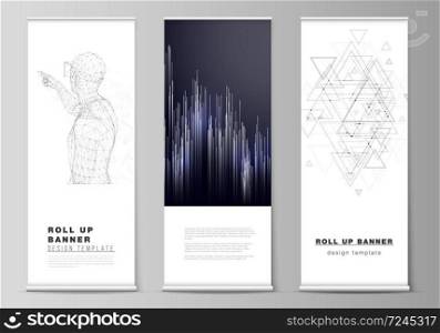 The vector illustration of the editable layout of roll up banner stands, vertical flyers, flags design business templates. Technology, science, future concept abstract futuristic backgrounds. The vector illustration of the editable layout of roll up banner stands, vertical flyers, flags design business templates. Technology, science, future concept abstract futuristic backgrounds.
