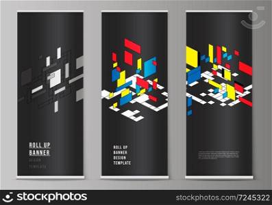 The vector illustration of the editable layout of roll up banner stands, vertical flyers, flags design business templates. Abstract polygonal background, colorful mosaic pattern, retro bauhaus de stijl design.. The vector illustration of roll up banner stands, vertical flyers, flags design business templates. Abstract polygonal background, colorful mosaic pattern, retro bauhaus de stijl design.