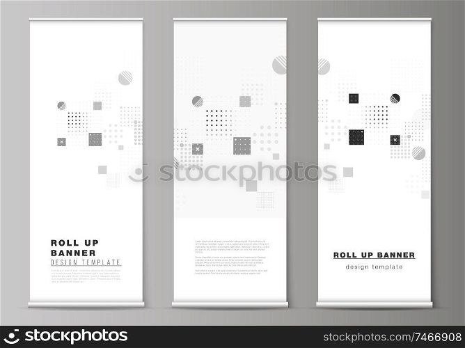 The vector illustration of the editable layout of roll up banner stands, vertical flyers, flags design business templates. Abstract vector background with fluid geometric shapes. The vector illustration of the editable layout of roll up banner stands, vertical flyers, flags design business templates. Abstract vector background with fluid geometric shapes.