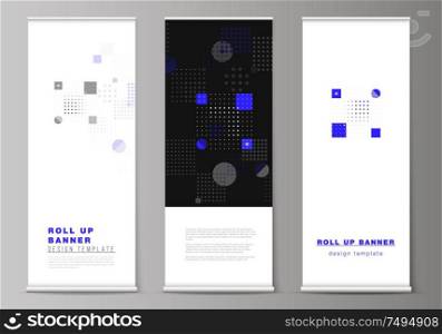The vector illustration of the editable layout of roll up banner stands, vertical flyers, flags design business templates. Abstract vector background with fluid geometric shapes. The vector illustration of the editable layout of roll up banner stands, vertical flyers, flags design business templates. Abstract vector background with fluid geometric shapes.