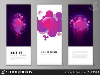 The vector illustration of the editable layout of roll up banner stands, vertical flyers, flags design business templates. Black background with fluid gradient, liquid pink colored geometric element. The vector illustration of the editable layout of roll up banner stands, vertical flyers, flags design business templates. Black background with fluid gradient, liquid pink colored geometric element.