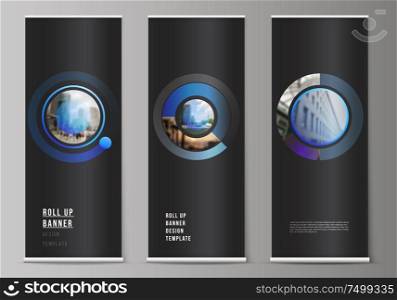 The vector illustration of the editable layout of roll up banner stands, vertical flyers, flags design business templates. Creative modern blue background with circles and round shapes. The vector illustration of the editable layout of roll up banner stands, vertical flyers, flags design business templates. Creative modern blue background with circles and round shapes.