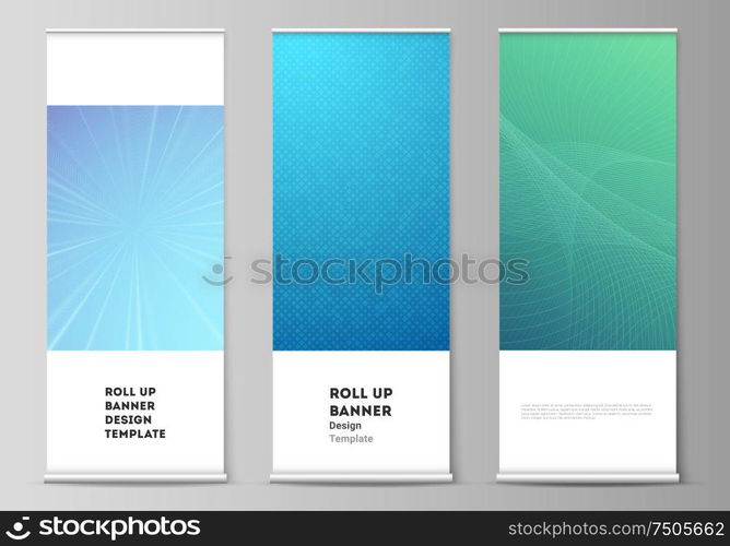 The vector illustration of the editable layout of roll up banner stands, vertical flyers, flags design business templates. Abstract geometric pattern with colorful gradient business background. The vector illustration of the editable layout of roll up banner stands, vertical flyers, flags design business templates. Abstract geometric pattern with colorful gradient business background.