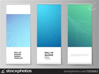 The vector illustration of the editable layout of roll up banner stands, vertical flyers, flags design business templates. Abstract geometric pattern with colorful gradient business background. The vector illustration of the editable layout of roll up banner stands, vertical flyers, flags design business templates. Abstract geometric pattern with colorful gradient business background.