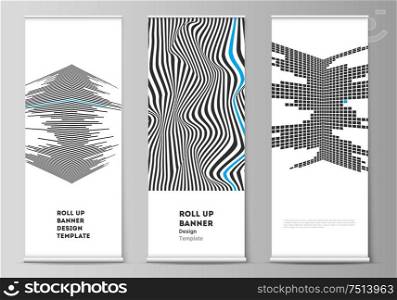 The vector illustration of the editable layout of roll up banner stands, vertical flyers, flags design business templates. Abstract big data visualization concept backgrounds with lines and cubes. The vector illustration of the editable layout of roll up banner stands, vertical flyers, flags design business templates. Abstract big data visualization concept backgrounds with lines and cubes.